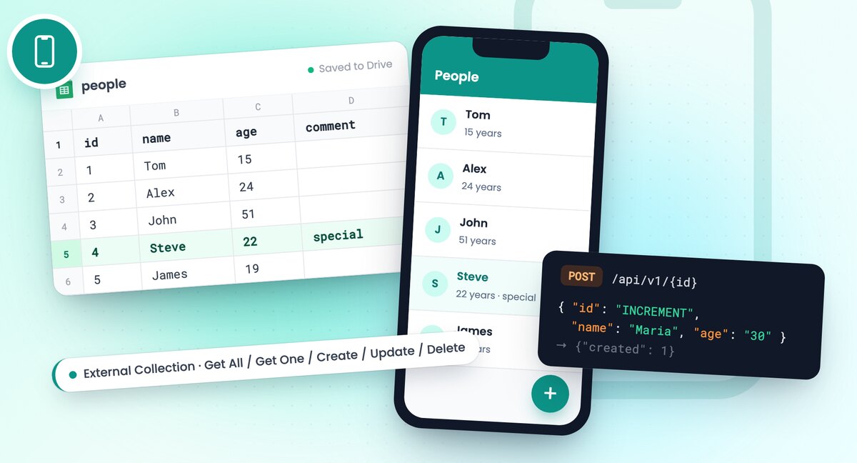Adalo mobile app listing Google Sheets rows from an External Collection