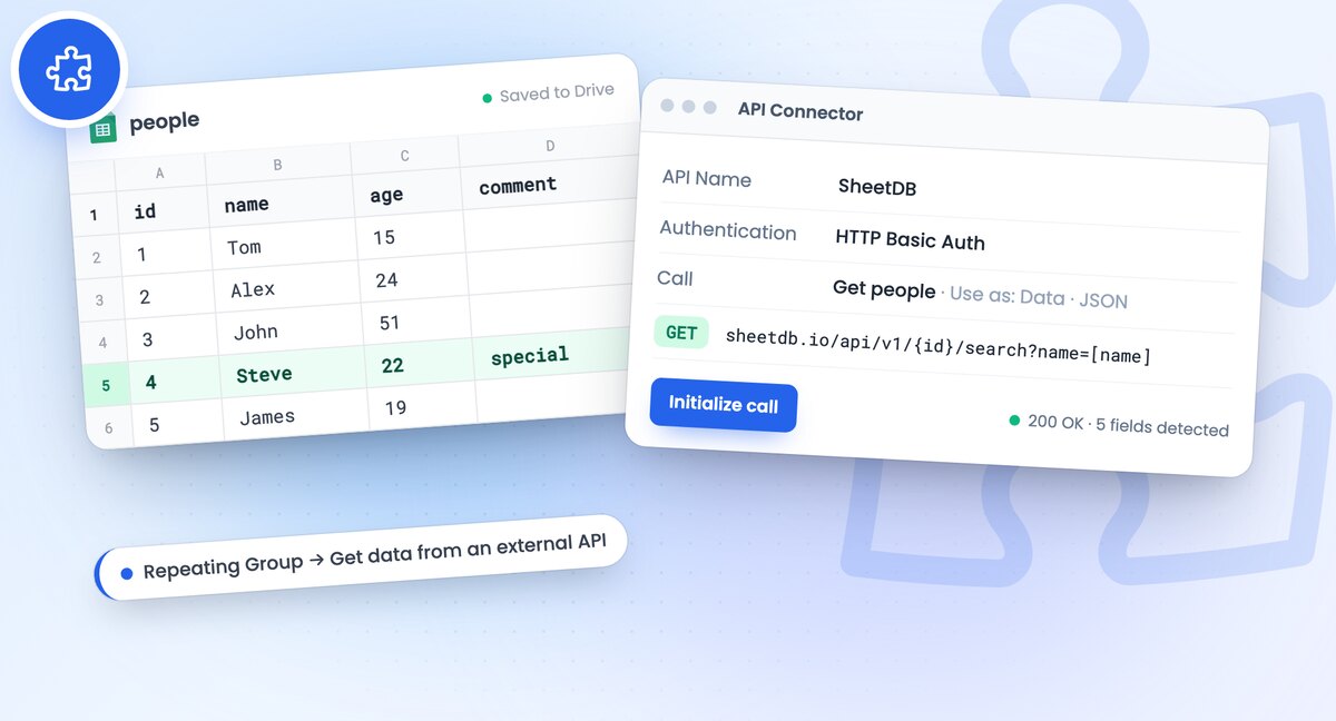 Bubble API Connector call configured against a Google Sheet through SheetDB
