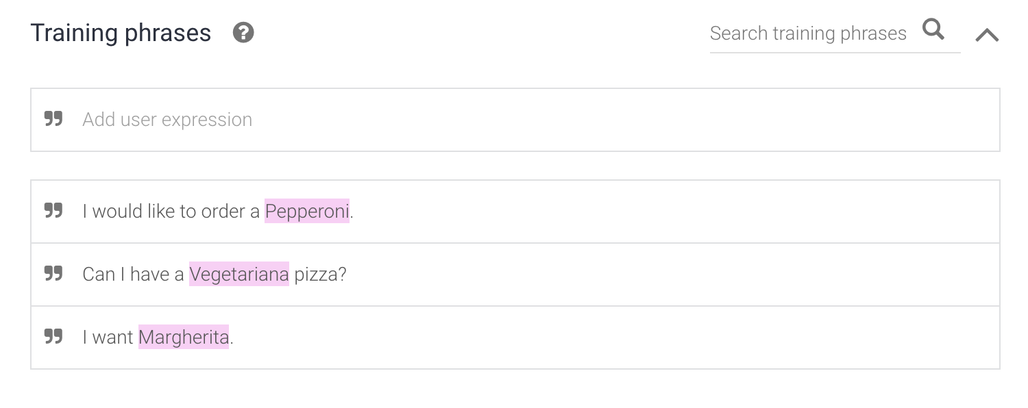 Dialogflow training phrases