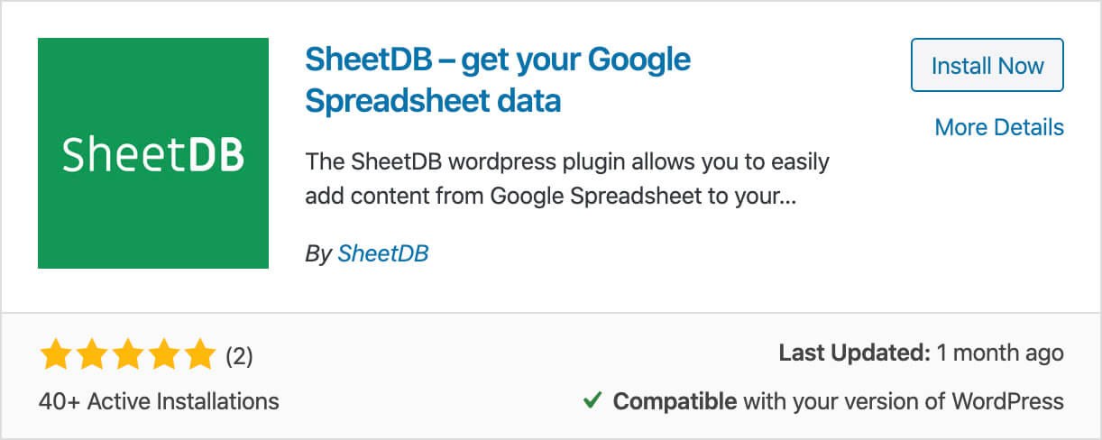 Install WordPress SheetDB API Plugin